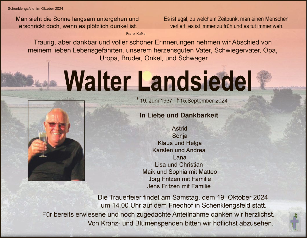  Traueranzeige für Walter Landsiedel vom 12.10.2024 aus HZHNA