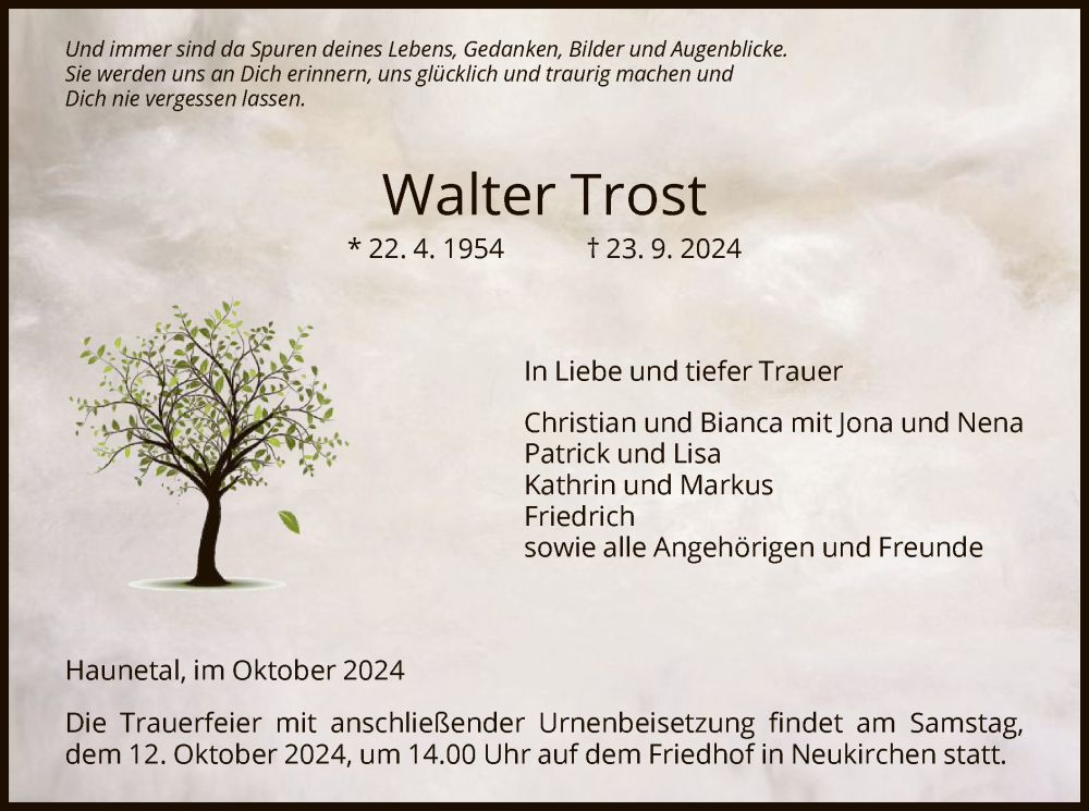  Traueranzeige für Walter Trost vom 05.10.2024 aus HZHNA