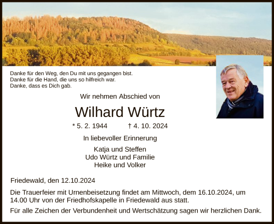 Traueranzeige von Wilhard Würtz von HZHNA