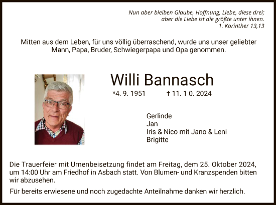 Traueranzeige von Willi Bannasch von HZ