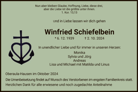 Traueranzeige von Winfried Schiefelbein von HZ