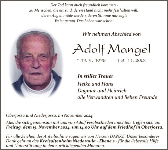 Traueranzeige von Adolf Mangel von HZ