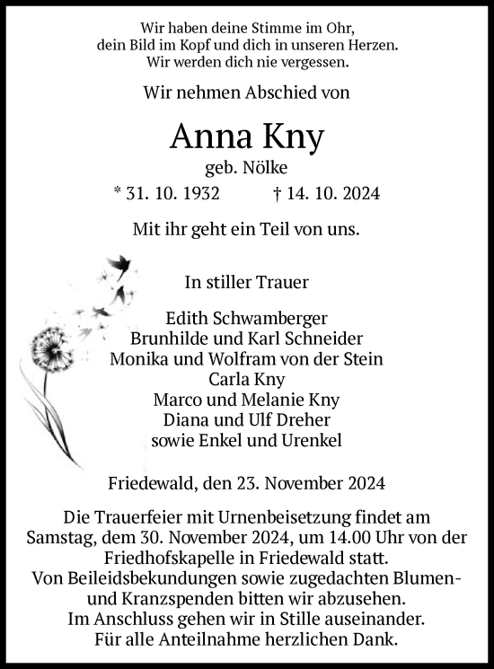 Traueranzeige von Anna Kny von HZ