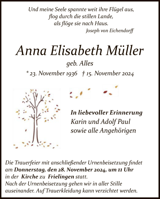 Traueranzeige von Anna Elisabeth Müller von HZ