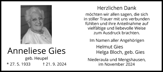 Traueranzeige von Anneliese Gies von HZ