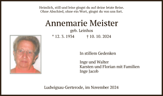 Traueranzeige von Annemarie Meister von HZHNA