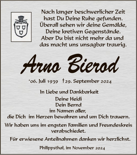 Traueranzeige von Arno Bierod von HZHNA