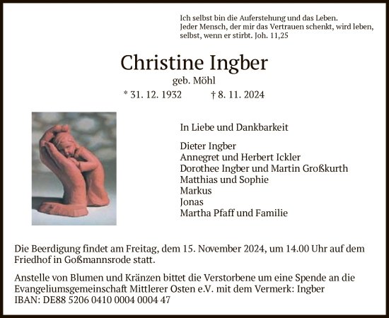 Traueranzeige von Christine Ingber von HZ