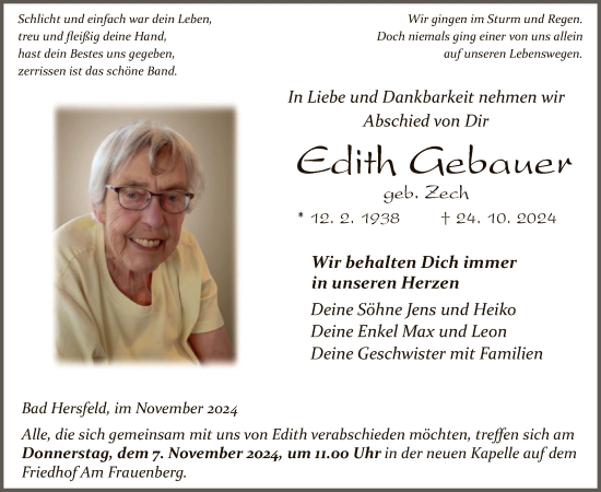 Traueranzeige von Edith Gebauer von HZHNA