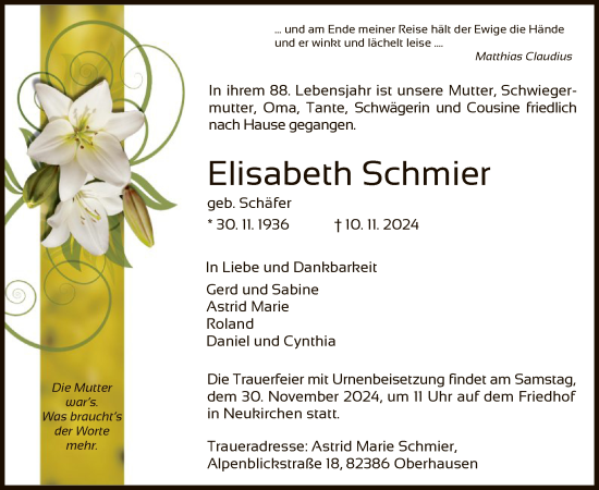 Traueranzeige von Elisabeth Schmier von HZ