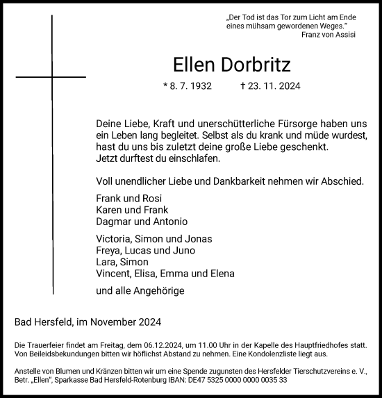 Traueranzeige von Ellen Dorbritz von HZ