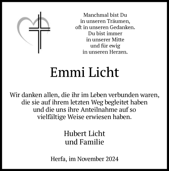 Traueranzeige von Emmi Licht von HZ