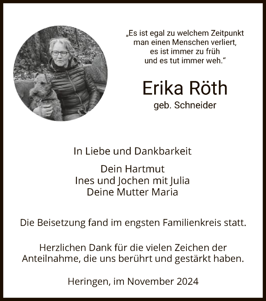  Traueranzeige für Erika Röth vom 23.11.2024 aus HZHNA