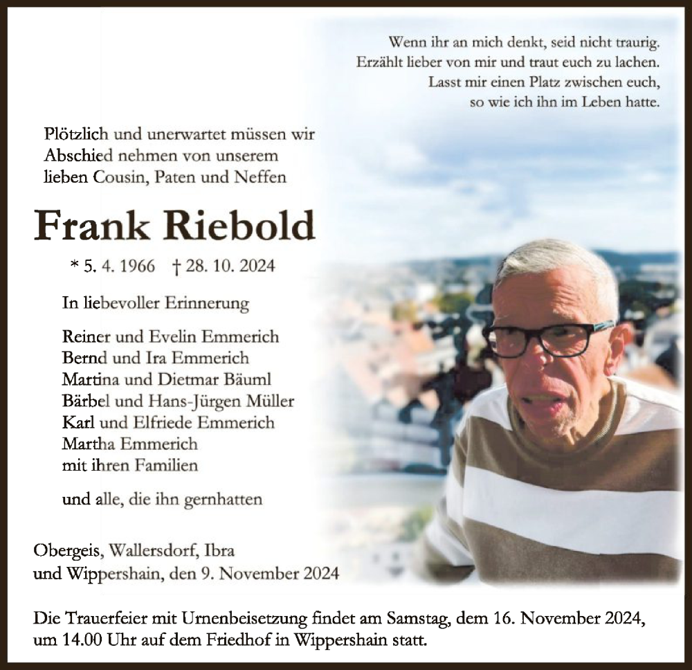  Traueranzeige für Frank Riebold vom 09.11.2024 aus HZ