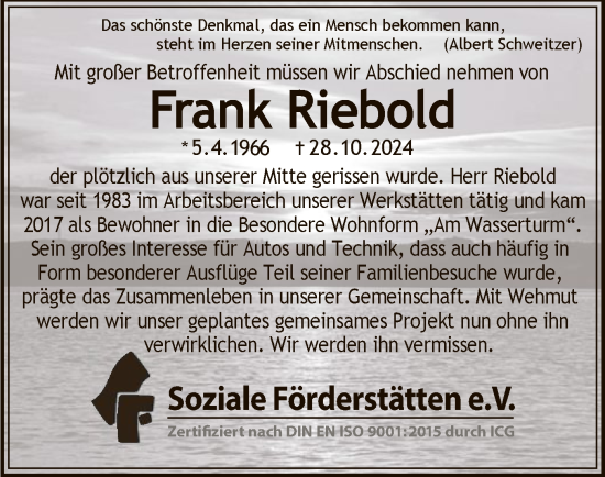 Traueranzeige von Frank Riebold von HZ