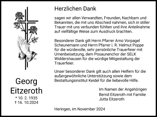 Traueranzeige von Georg Eitzeroth von HZHNA