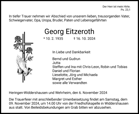 Traueranzeige von Georg Eitzeroth von HZ