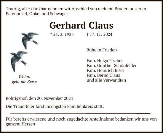 Traueranzeige von Gerhard Claus von HZHNA