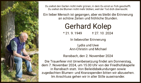 Traueranzeige von Gerhard Kolep von HZ