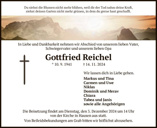 Traueranzeige von Gottfried Reichel von HNAHZ