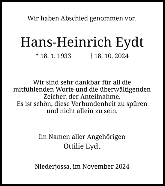 Traueranzeige von Hans-Heinrich Eydt von HZ