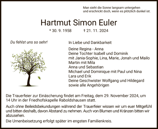 Traueranzeige von Hartmut Simon Euler von HZ