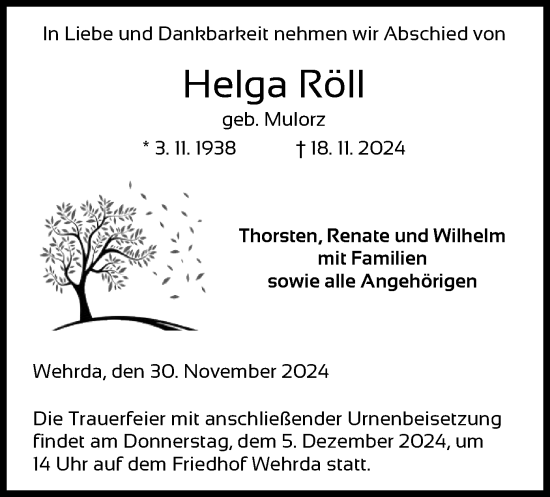 Traueranzeige von Helga Röll von HZ