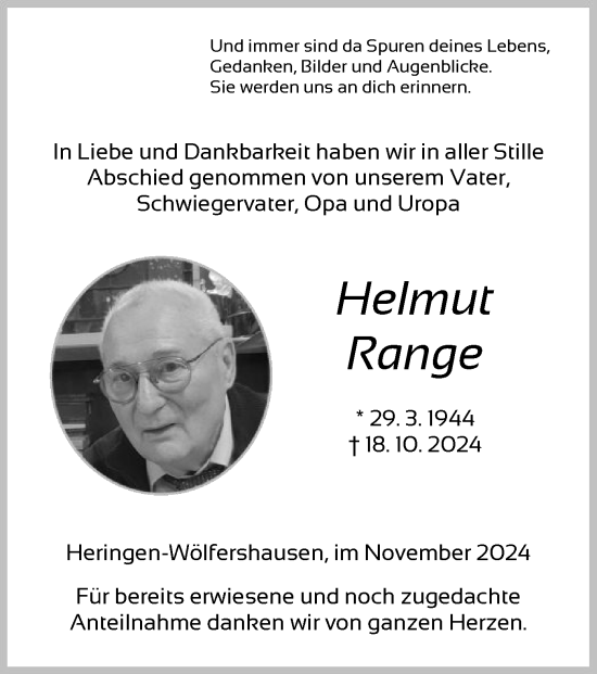 Traueranzeige von Helmut Range von HZHNA