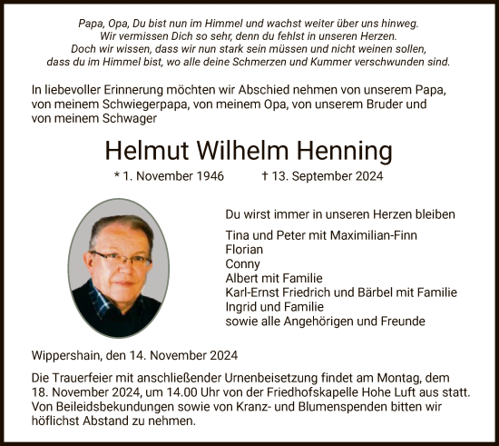 Traueranzeige von Helmut Wilhelm Henning von HZ