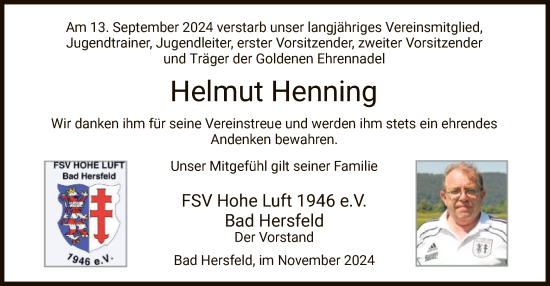 Traueranzeige von Helmut Wilhelm Henning von HZ