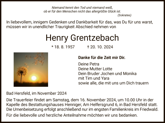 Traueranzeige von Henry Grentzebach von HZ