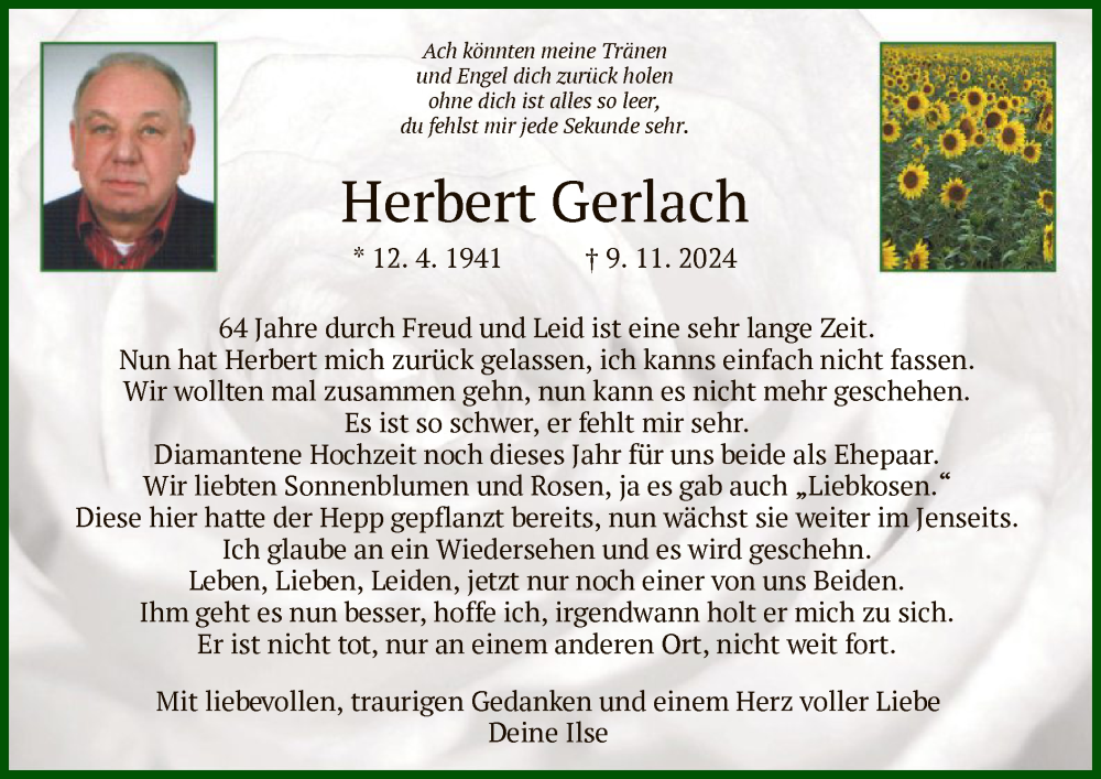  Traueranzeige für Herbert Gerlach vom 20.11.2024 aus HZ