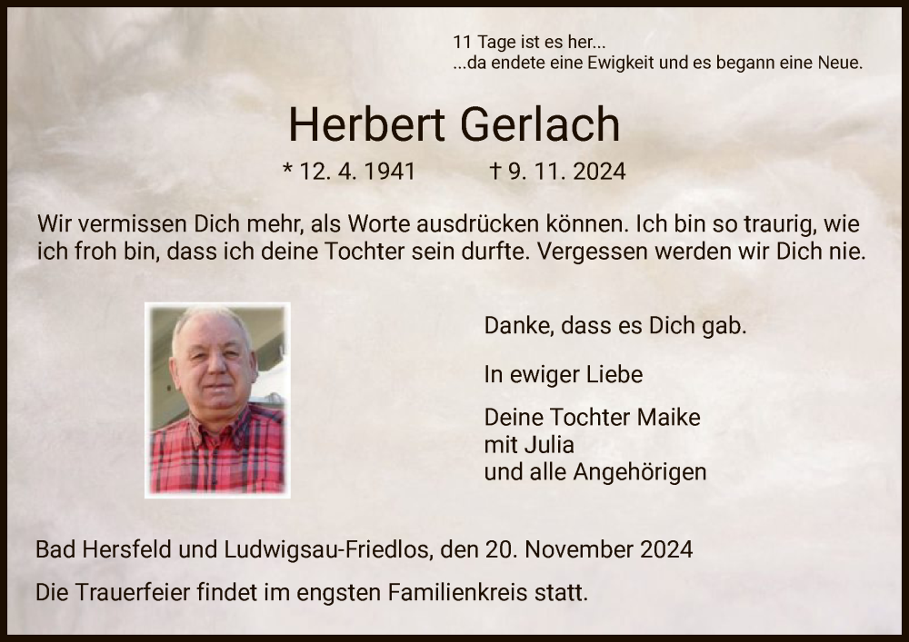  Traueranzeige für Herbert Gerlach vom 20.11.2024 aus HZ