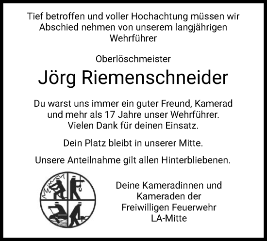 Traueranzeige von Jörg Riemenschneider von HZ