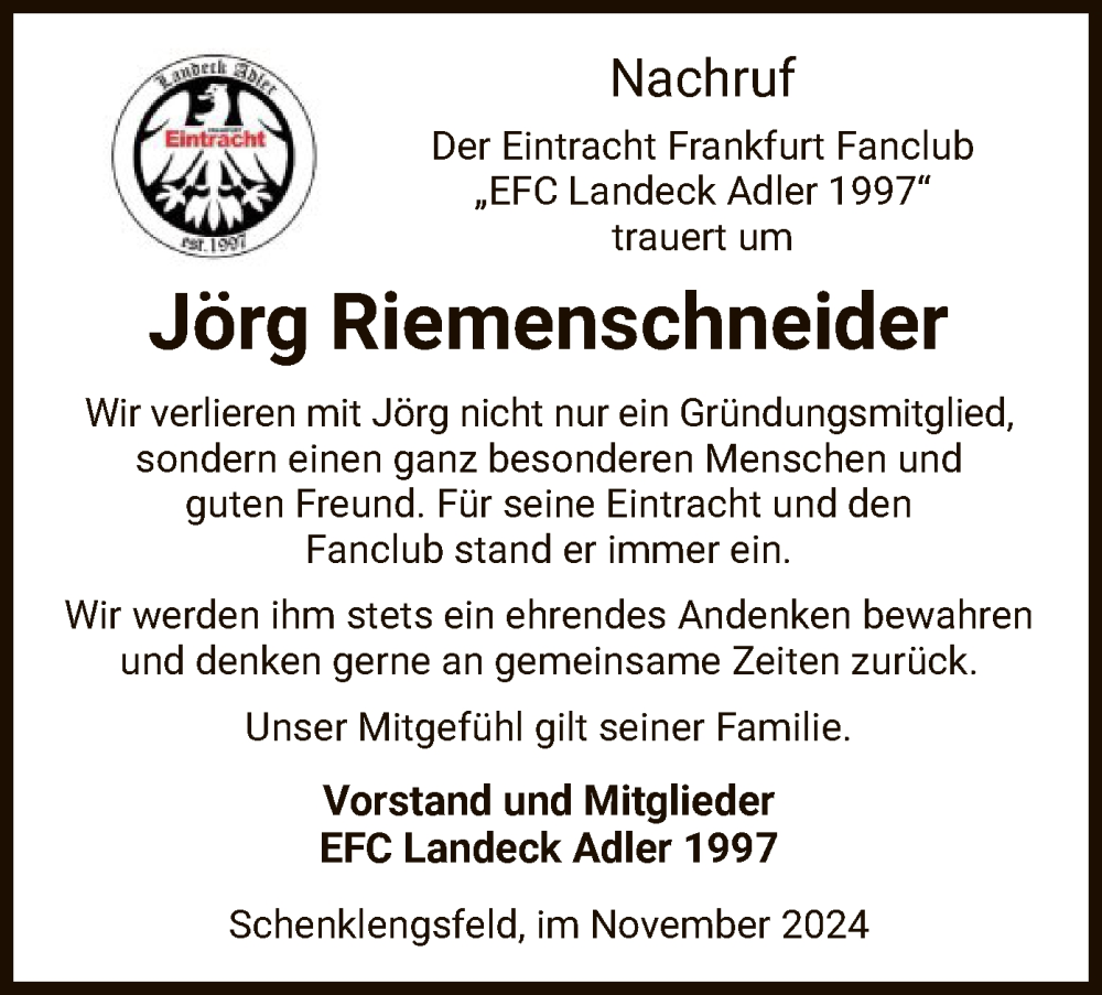  Traueranzeige für Jörg Riemenschneider vom 20.11.2024 aus HZ