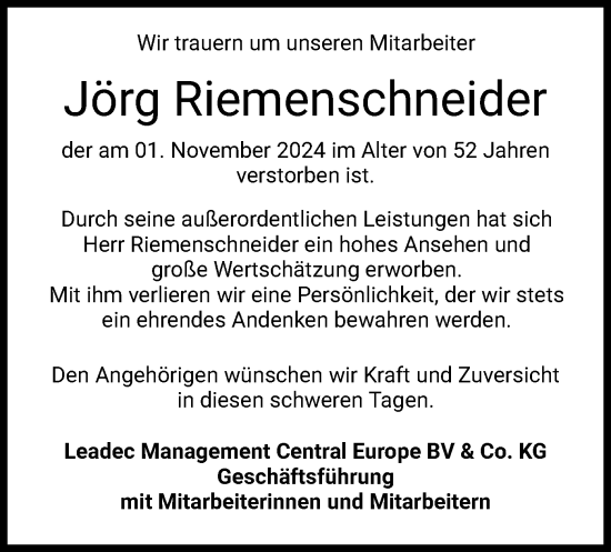 Traueranzeige von Jörg Riemenschneider von HZ