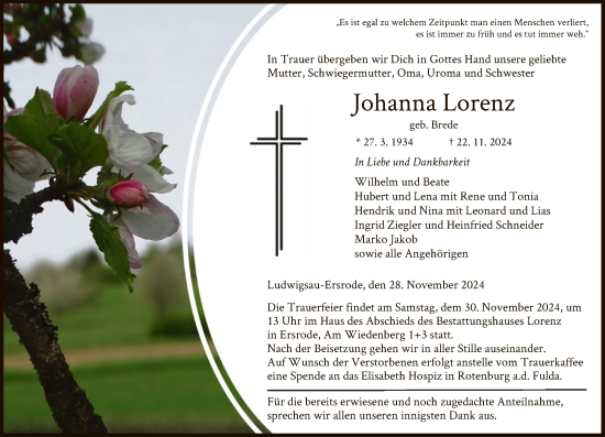 Traueranzeige von Johanna Lorenz von HZ