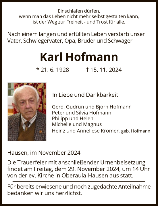 Traueranzeige von Karl Hofmann von HZ