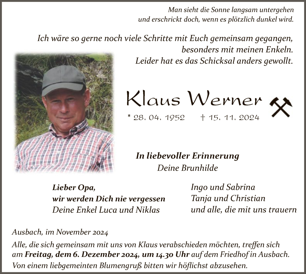  Traueranzeige für Klaus Werner vom 23.11.2024 aus HZ