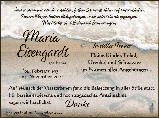 Traueranzeige von Maria Eisengardt von HZHNA