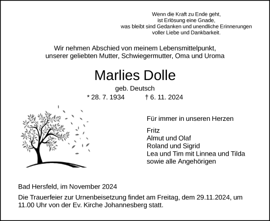 Traueranzeige von Marlies Dolle von HZHNA