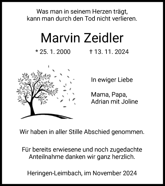 Traueranzeige von Marvin Zeidler von HZHNA