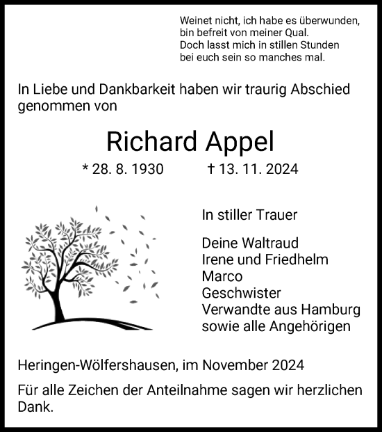 Traueranzeige von Richard Appel von HZ