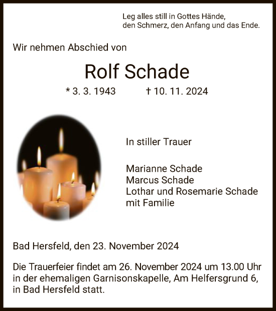 Traueranzeige von Rolf Schade von HZ