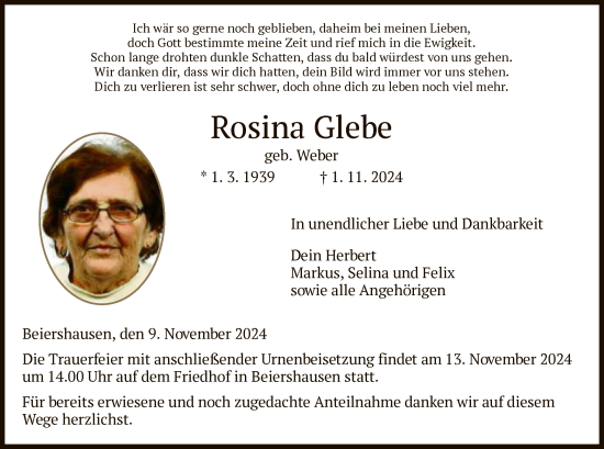 Traueranzeige von Rosina Glebe von HZHNA