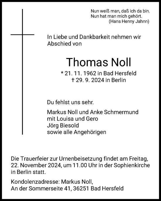 Traueranzeige von Thomas Noll von HZ