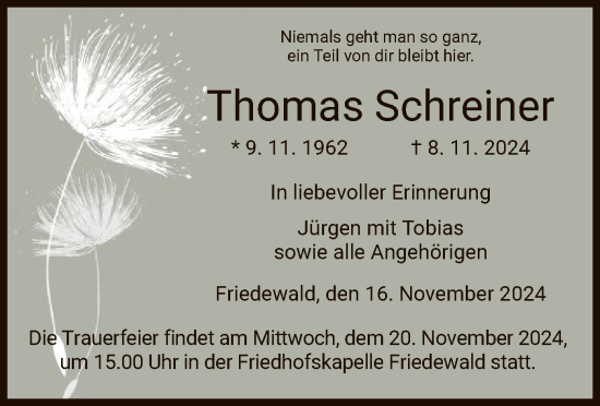 Traueranzeige von Thomas Schreiner von HZ