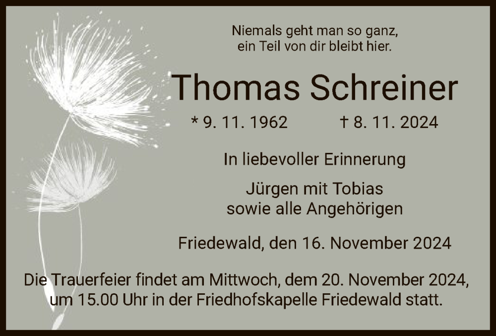  Traueranzeige für Thomas Schreiner vom 16.11.2024 aus HZ