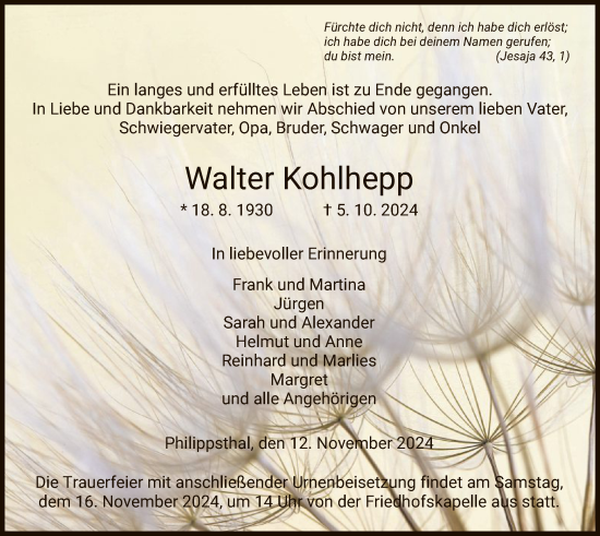 Traueranzeige von Walter Kohlhepp von HZ