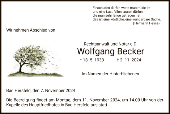 Traueranzeige von Wolfgang Becker von HZ